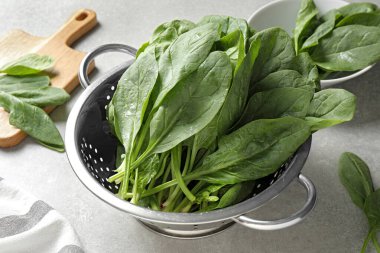 Kolander taze yeşil sağlıklı ıspanak ile gri masada