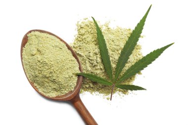 Kaşık, kenevir protein tozu ve yaprak beyaz, üst görünüm
