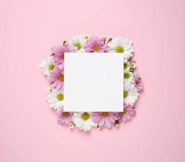 Beautiful chamomile flowers and paper card on pink background, flat lay with space for text