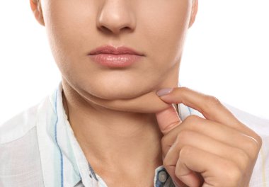 Young woman with double chin on white background, closeup clipart