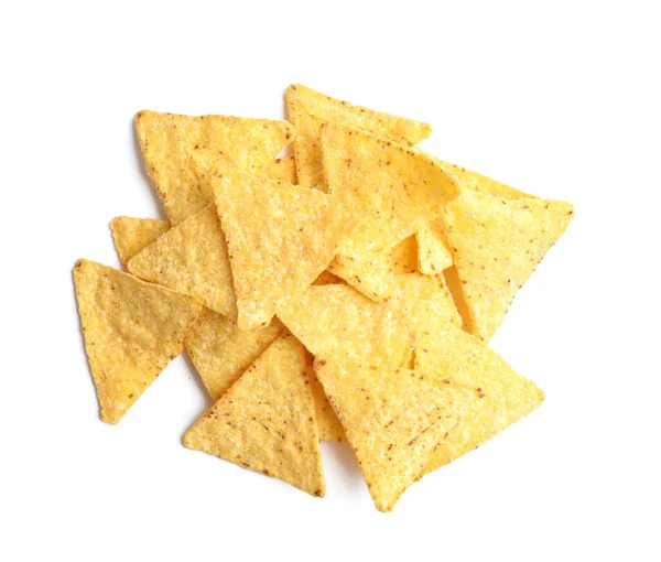 Ízletes mexikói nachos chipek fehér alapon, felülnézet — Stock Fotó