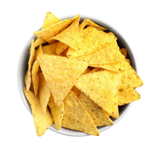 Bowl with tasty Mexican nachos chips on white background, top view — Stock Photo, Image