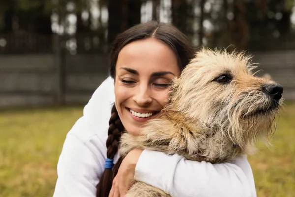 屋外の動物保護施設でホームレスの犬と女性ボランティア — ストック写真