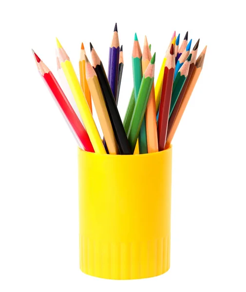 Holder with color pencils on white background — Stock Photo, Image