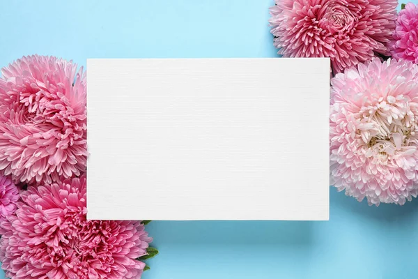 Επίπεδη σύνθεση lay με όμορφα λουλούδια aster και λευκή κάρτα σε γαλάζιο φόντο. Χώρος για κείμενο — Φωτογραφία Αρχείου