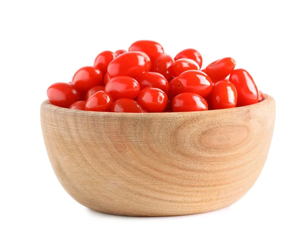 Fresh ripe goji berries in wooden bowl on white background — Stock Photo, Image