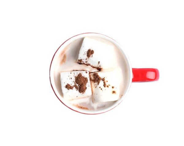 Copo de cacau saboroso com marshmallows no fundo branco, vista superior — Fotografia de Stock