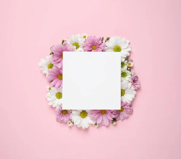 Beautiful chamomile flowers and paper card on pink background, flat lay with space for text — Φωτογραφία Αρχείου