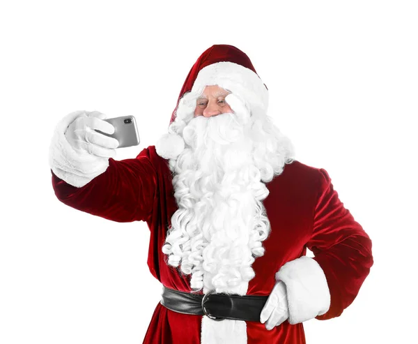 Autentiska jultomten tar Selfie på vit bakgrund — Stockfoto