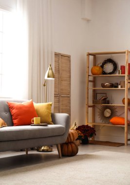 Sonbahar renklerinden esinlenilmiş rahat bir oturma odası.