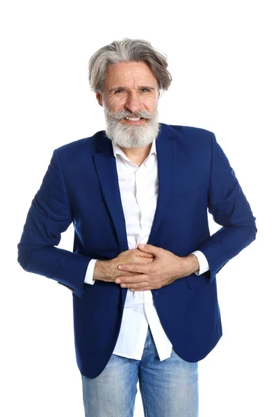 Man suffering from stomach pain on white background — Stock Photo, Image