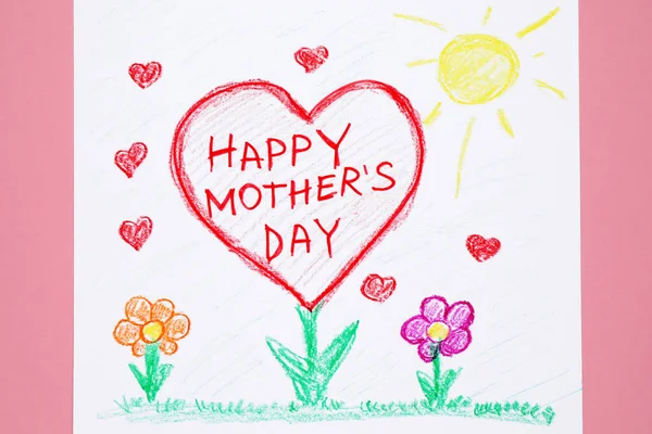 Tarjeta de felicitación hecha a mano para el Día de la Madre sobre fondo rosa, vista superior — Foto de Stock