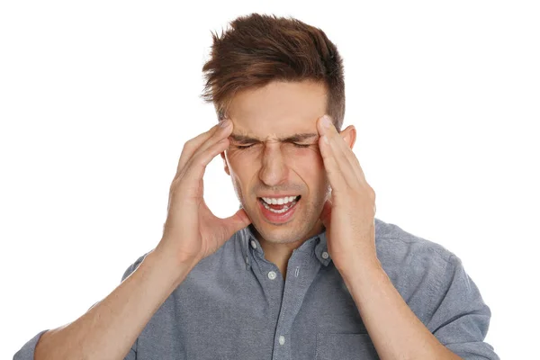 Człowiek cierpi na bóle głowy na tle — Zdjęcie stockowe