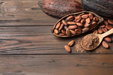 Ahşap masa üzerinde kakao bakla, fasulye ve toz ile Düz yatıyordu kompozisyon, metin için alan