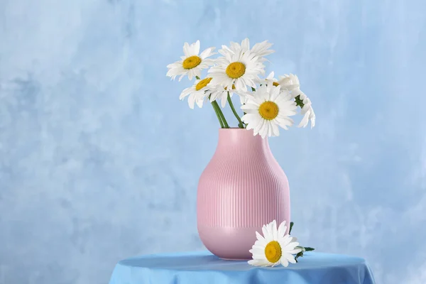 Lindas flores de camomila macias em vaso na mesa contra fundo de cor, espaço para texto — Fotografia de Stock