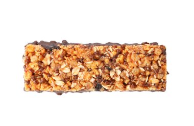 Beyaz arka planda leziz granola bar, üst manzara. Sağlıklı çerez