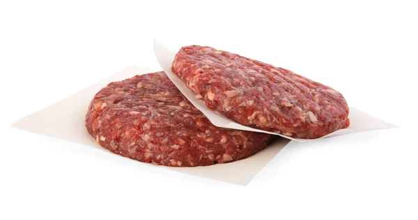 Nyers húsdarabok fehér alapon izolált hamburgerhez — Stock Fotó