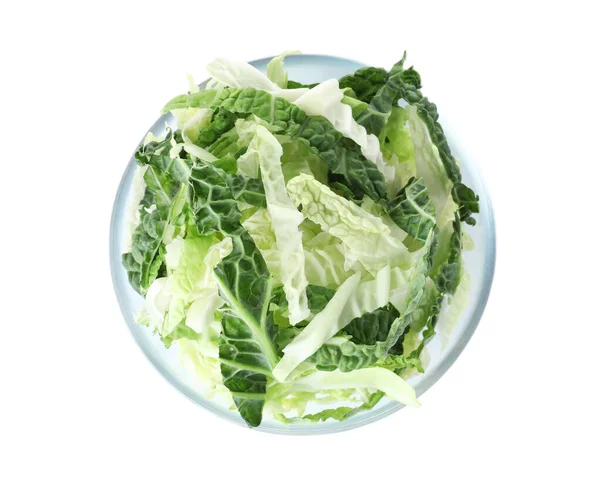 Chopped fresh green savoy cabbage in bowl on white background, top view — Stok fotoğraf