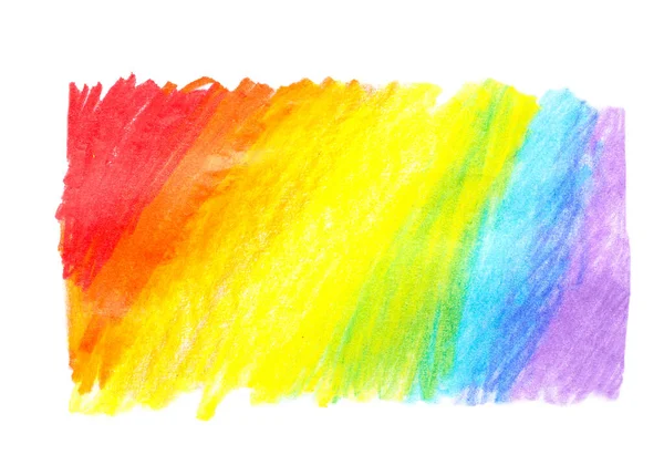 Rainbow drawn with colorful pencils on white background, top view — Stock Photo, Image