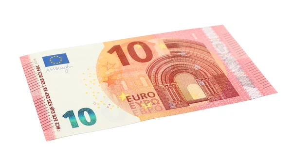 Nota de dez euros deitada sobre fundo branco — Fotografia de Stock