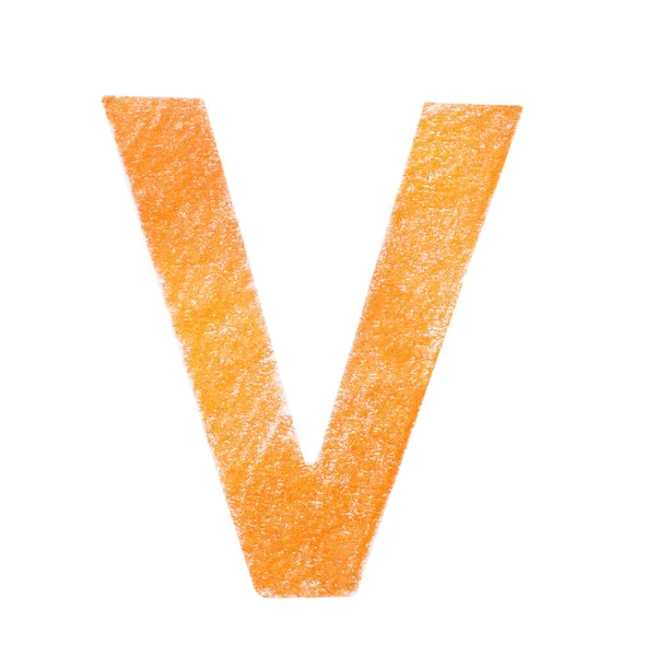 字母V，用橙色铅笔写在白色背景上，顶部视图 — 图库照片
