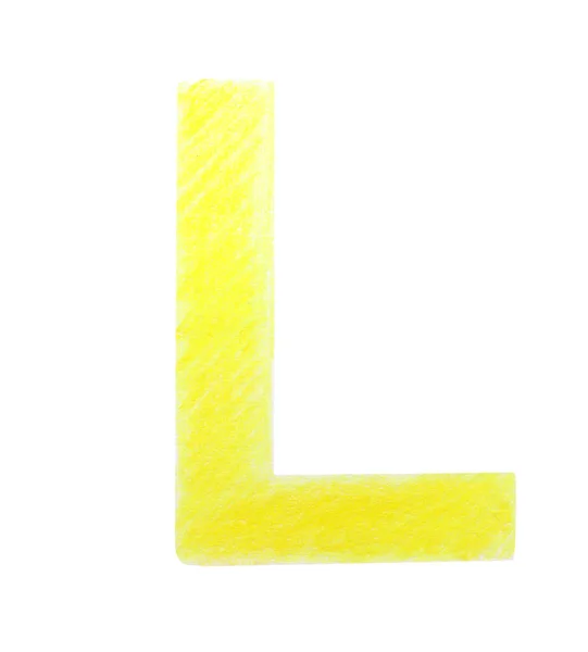 Beyaz arkaplanda sarı kalemle yazılmış L harfi, üst görünüm — Stok fotoğraf