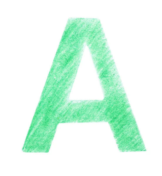 Буква A написана зеленым карандашом на белом фоне, вид сверху — стоковое фото