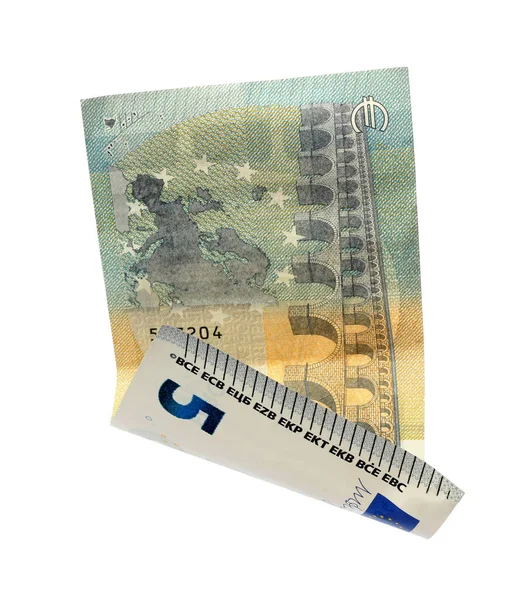 Πετώντας πέντε τραπεζογραμμάτια ευρώ απομονωμένα σε λευκό χρώμα — Φωτογραφία Αρχείου