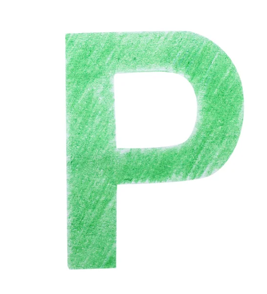 Beyaz arkaplanda yeşil kalemle yazılmış P harfi, üst görünüm — Stok fotoğraf