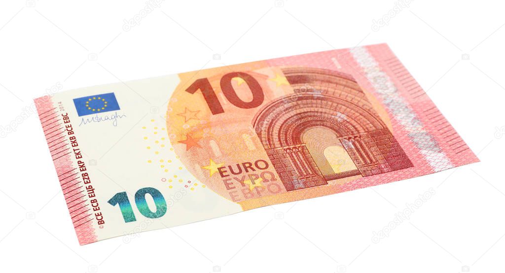 Ten Euro banknote lying on white background