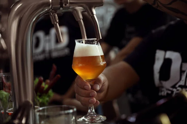 Barman giet bier in glas in pub, close-up — Stockfoto