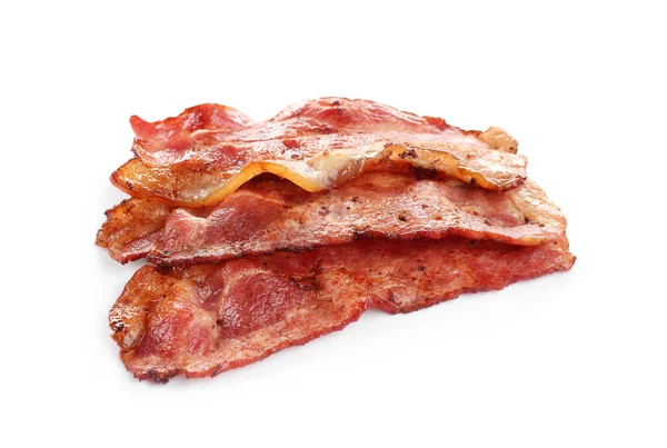 Slices of tasty fried bacon on white background — Stock Photo, Image