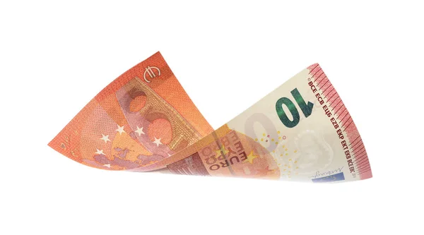 Voar com dez notas de euro isoladas a branco — Fotografia de Stock