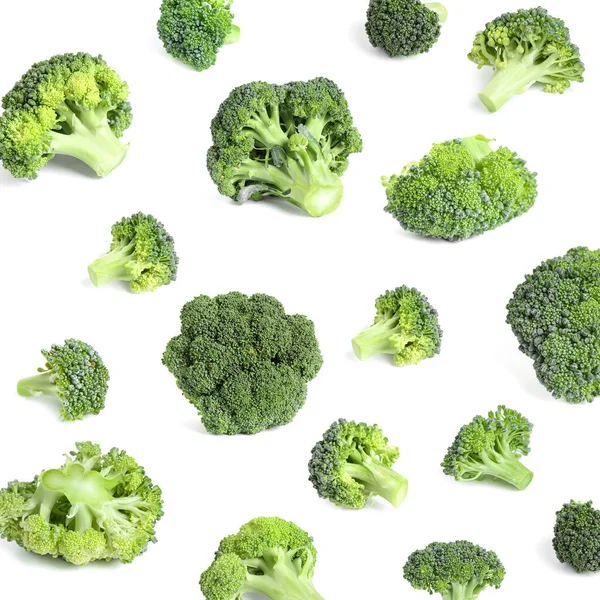 Collage Van Verse Groene Broccoli Geïsoleerd Wit — Stockfoto