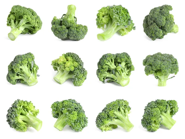 Collage Fresh Green Broccoli Isolated White — Stock Photo, Image