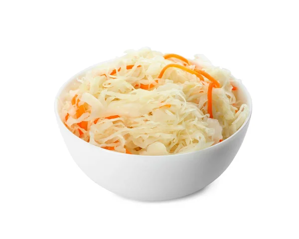 Bowl Tasty Fermented Cabbage Isolated White — Stock Photo, Image