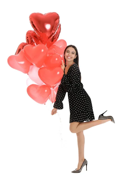 Hermosa Mujer Joven Con Globos Forma Corazón Aislados Blanco Celebración — Foto de Stock