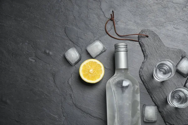 Flat Lay Composition Cold Russian Vodka Black Table — ストック写真