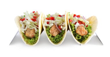 Yummy fish tacos in holder isolated on white clipart
