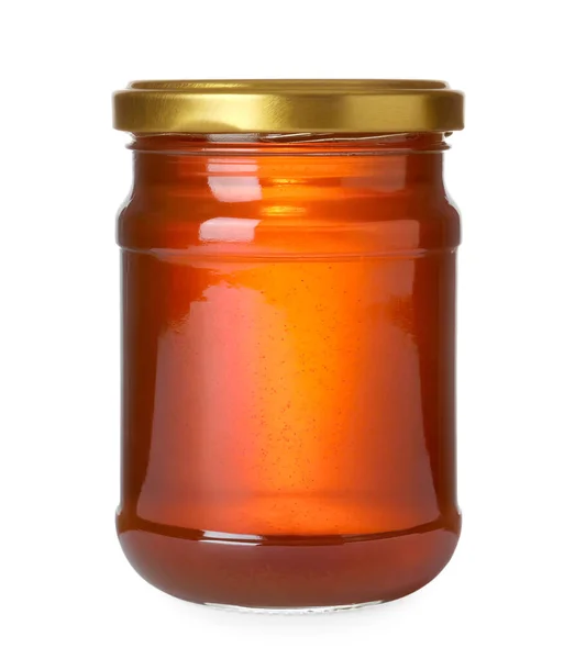 Frasco com mel orgânico isolado em branco — Fotografia de Stock