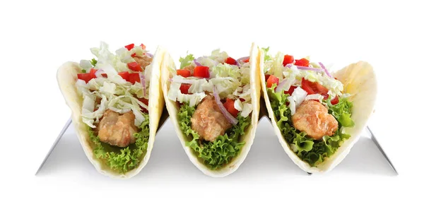 Tacos Peixe Gostoso Suporte Isolado Branco — Fotografia de Stock