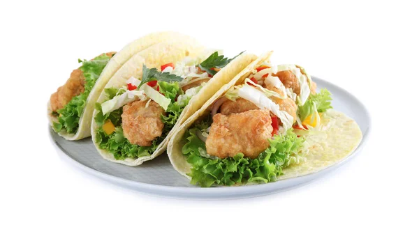 Lekkere Vis Taco Met Sla Geïsoleerd Wit — Stockfoto