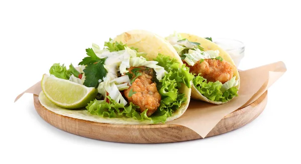 Lekkere Vis Taco Met Sla Geïsoleerd Wit — Stockfoto