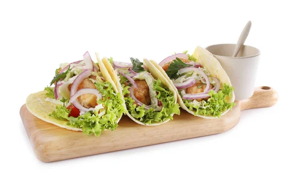 Tacos Peixe Gostoso Com Molho Isolado Branco — Fotografia de Stock