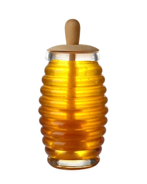 Glas mit Bio-Honig und Pfeffer isoliert auf weiß — Stockfoto