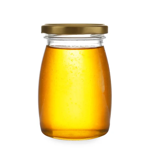 Tarro con miel orgánica aislado en blanco — Foto de Stock