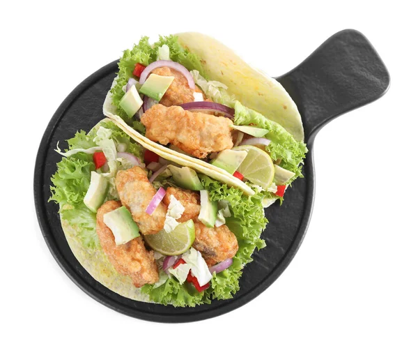 Heerlijke Vis Taco Geïsoleerd Wit Bovenaanzicht — Stockfoto