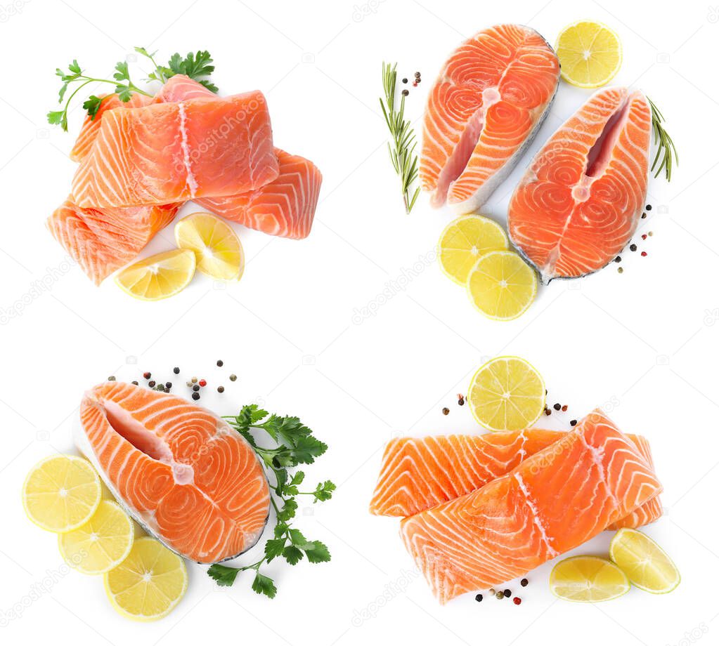 Set of fresh raw salmon on white background, top view. Fish delicacy