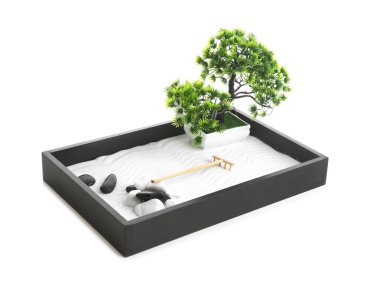 Güzel minyatür zen bahçesi beyazda izole edilmiş.