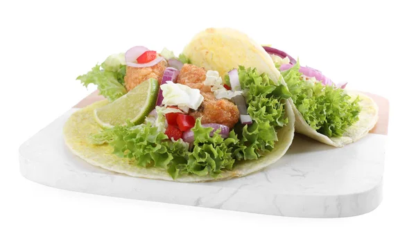 Heerlijke Vis Taco Met Kalk Geïsoleerd Wit — Stockfoto